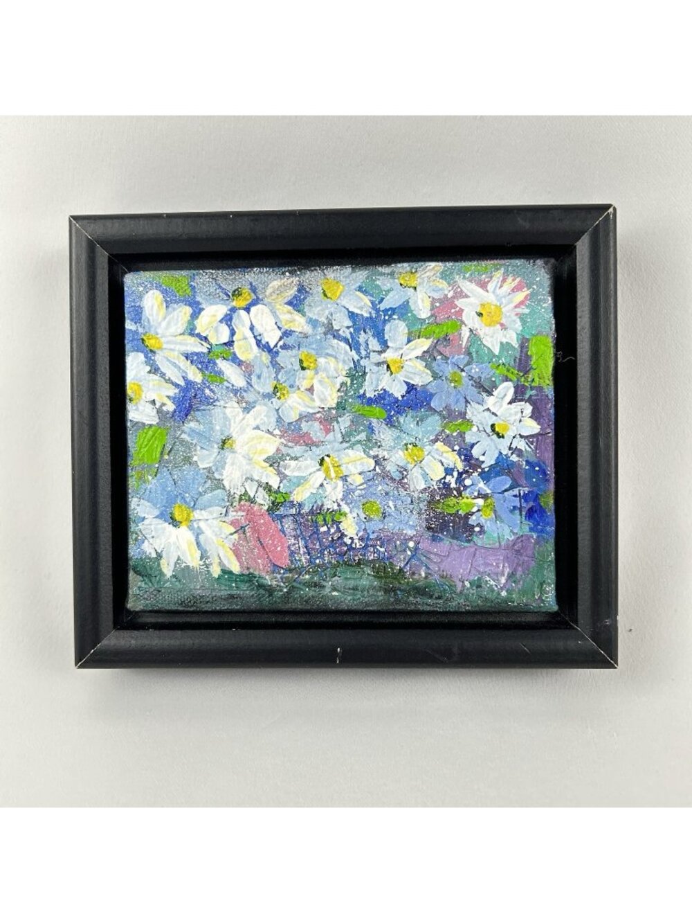 Mini Floral Spiderweb Still Life Painting 5 x 4” Blue & White in Black Frame